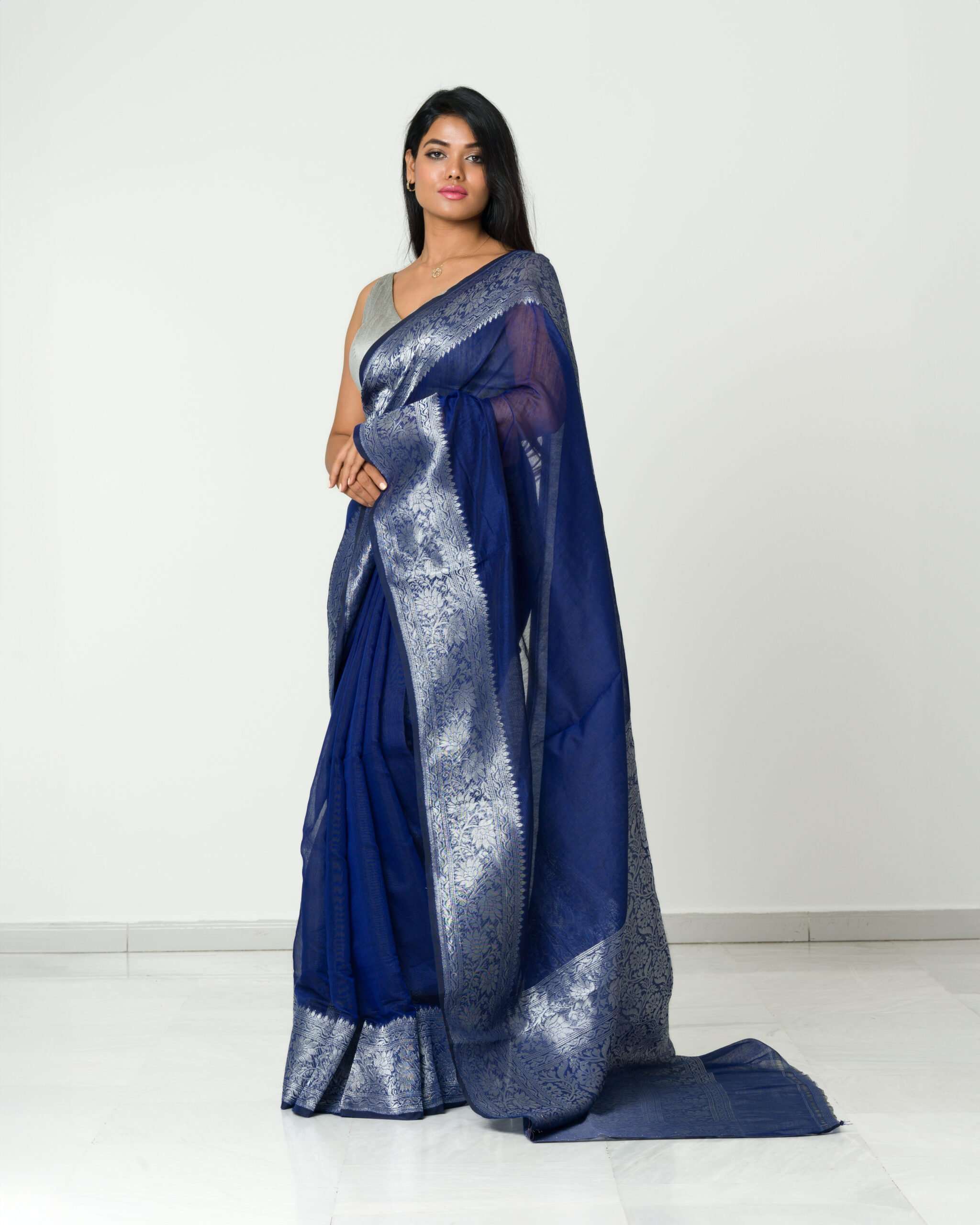 Organza Saree with silver border and running Blouse