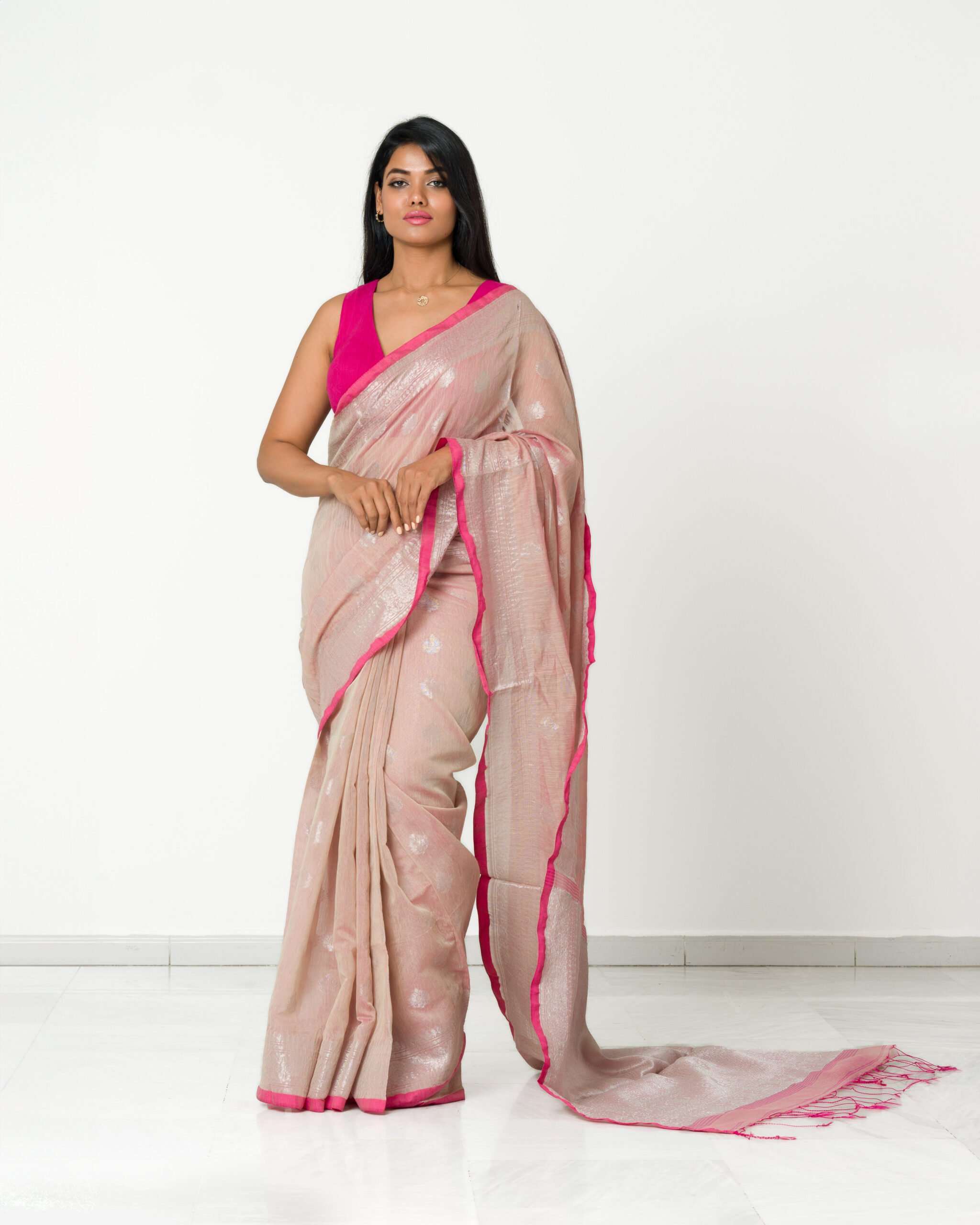 Semi cotton Saree with silver work and running Blouse