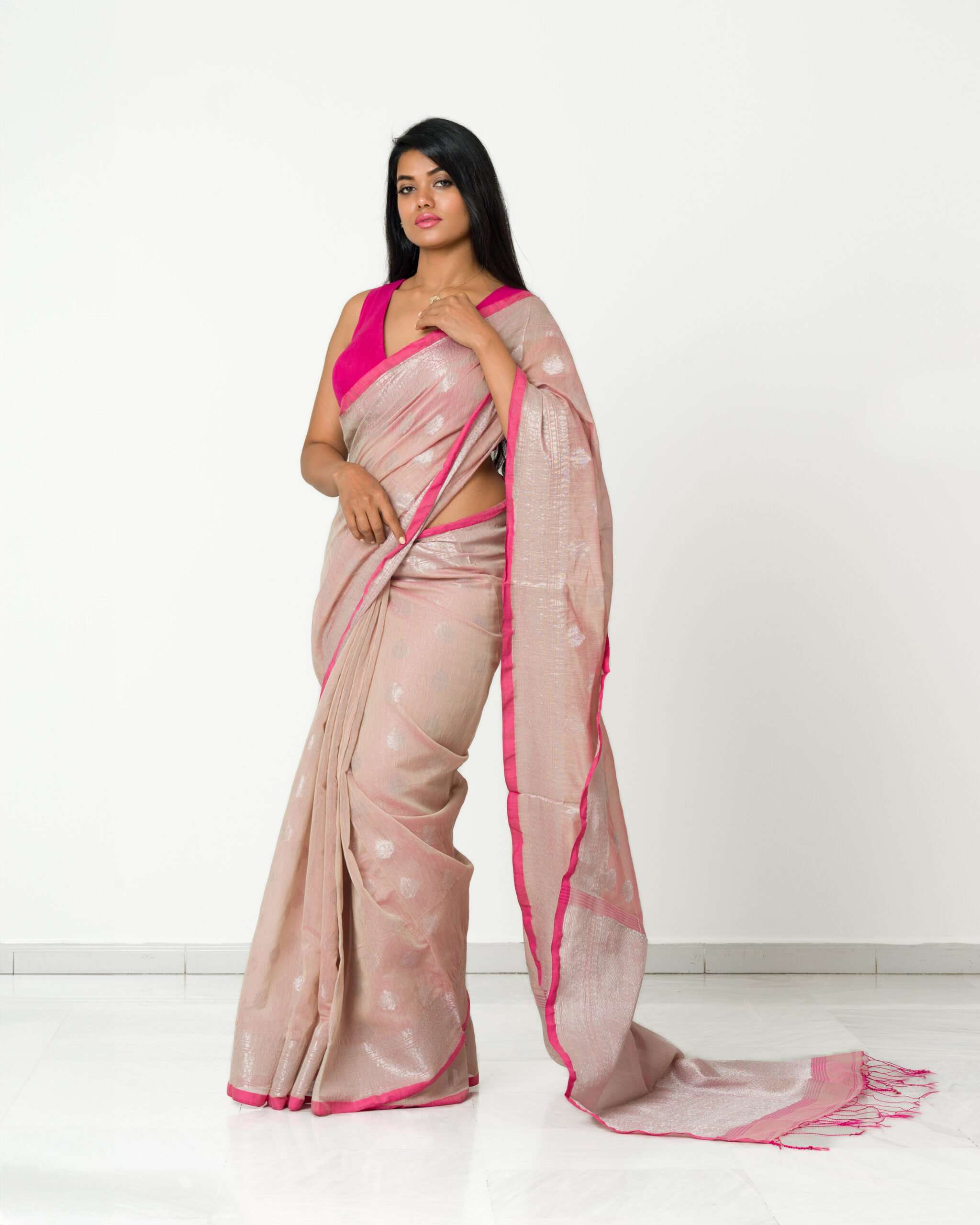 Semi cotton Saree with silver work and running Blouse - Image 4