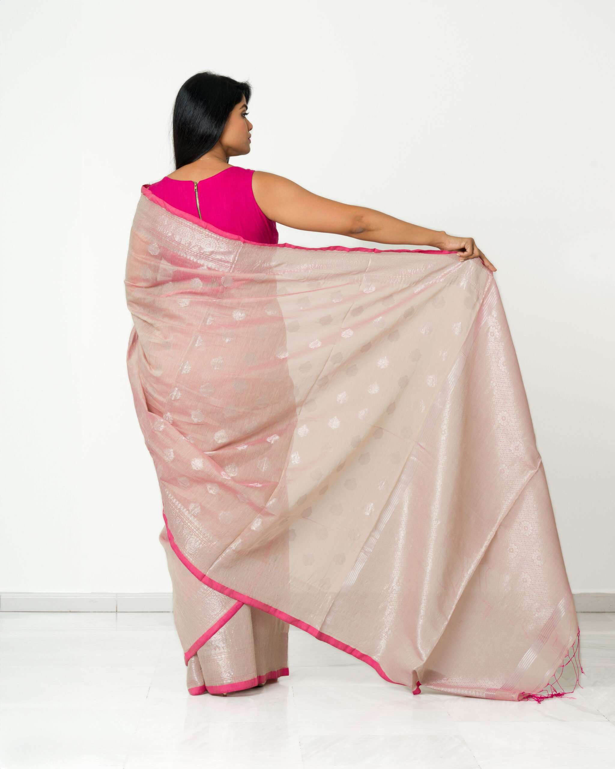 Semi cotton Saree with silver work and running Blouse - Image 3