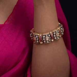 Regal Radiance with a Touch of Brilliance: Moissanite Polki Kada with Meenakari Work (18k Gold Plated, Open Foil Setting)