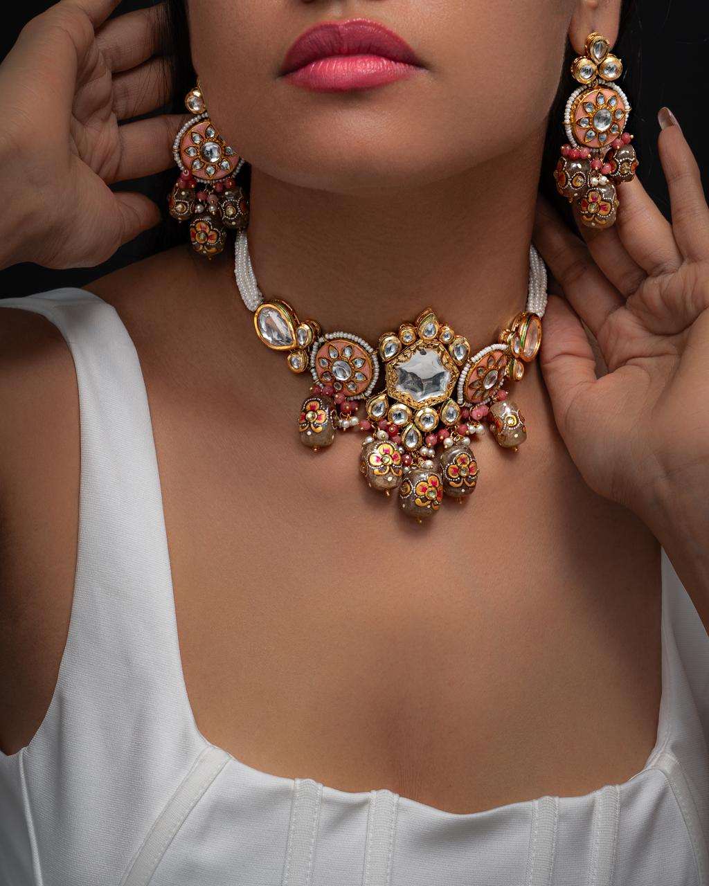 A Symphony of Color and Texture: Natural Beads, Polki Kundan & Meenakari Set - Image 3
