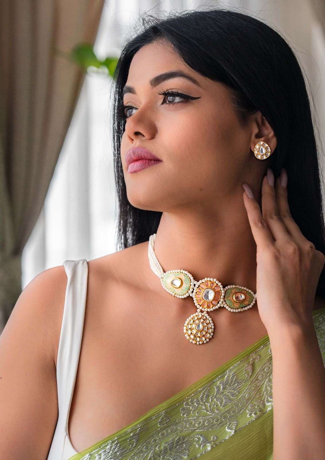 A Symphony of Colors: Meenakari, Polki Kundan & Shell Pearl Set - Image 3