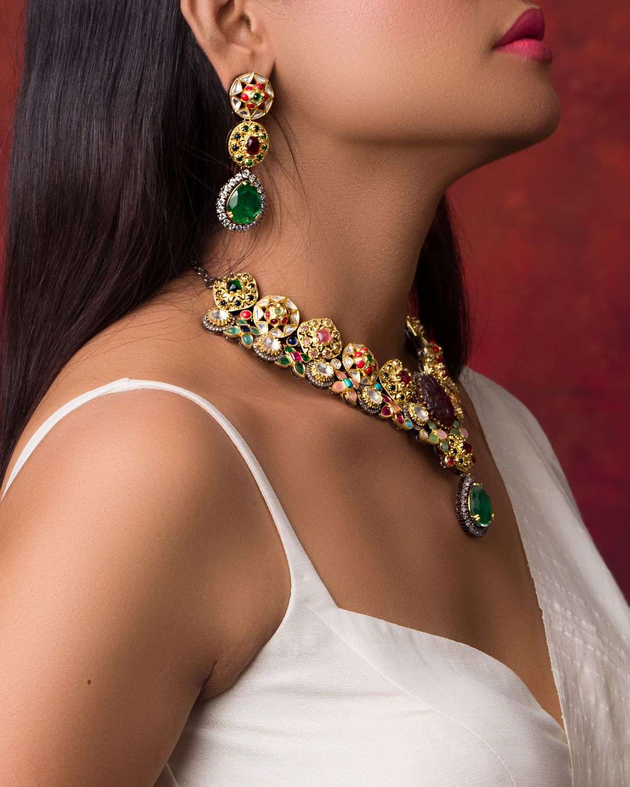 Jadao Precious Colored Stone, kundan Set with Brass Metal - Image 3