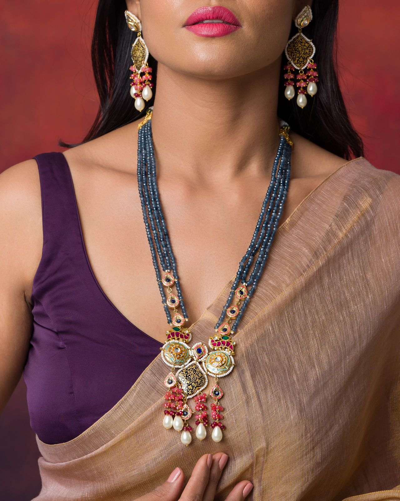 Set with Extremely Ethnic Meenakari Work, Pearls, and Beautifully Colored Precious Stones - Image 3