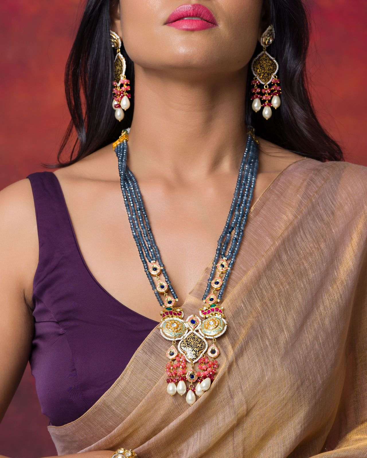 Set with Extremely Ethnic Meenakari Work, Pearls, and Beautifully Colored Precious Stones