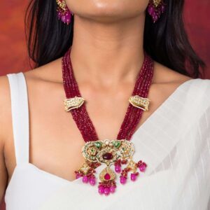 Elegant Set with Deep Red Precious Beads, Kundan, and High-Quality Meenakari Work with Pink Stones