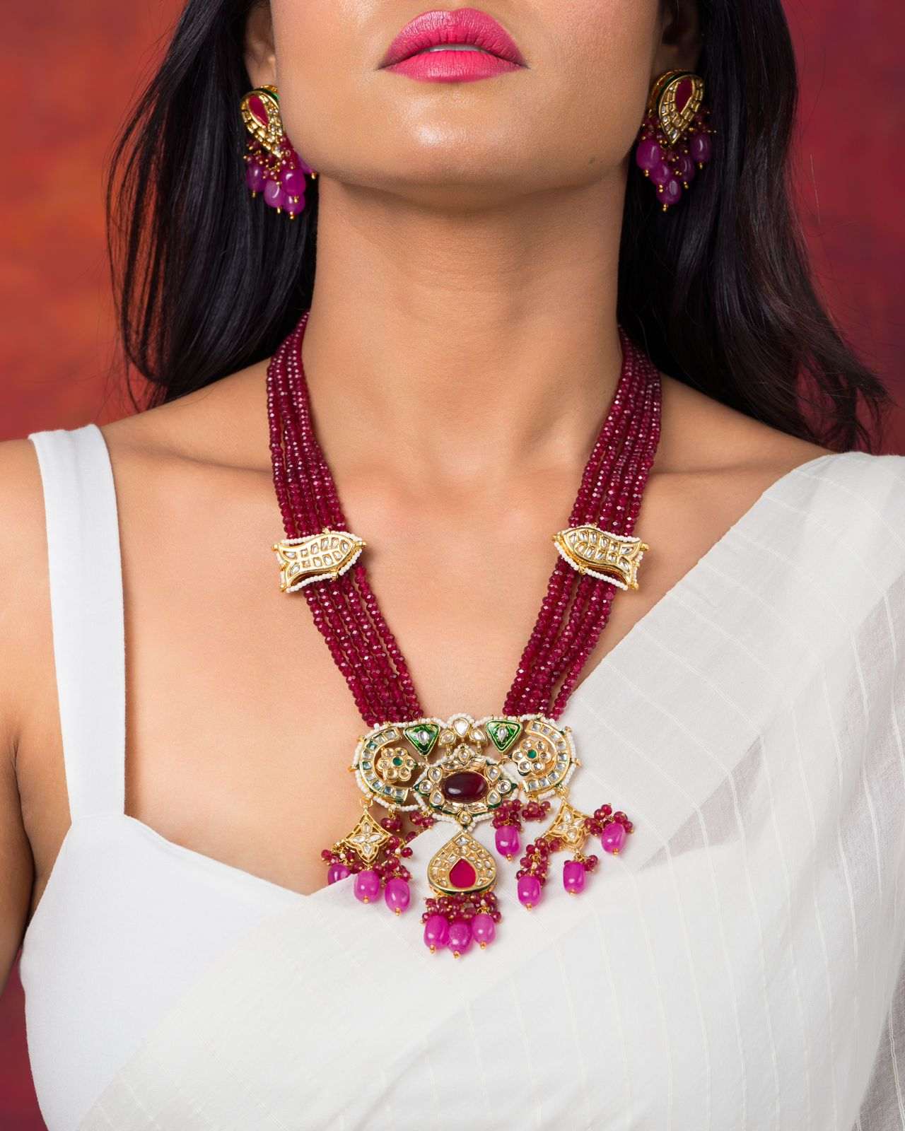 Elegant Set with Deep Red Precious Beads, Kundan, and High-Quality Meenakari Work with Pink Stones
