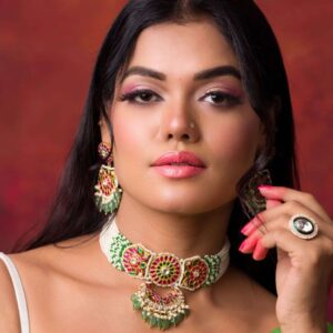 Beautiful Green and Pink Choker Set with High-Quality Pearl Work on Brass Metal