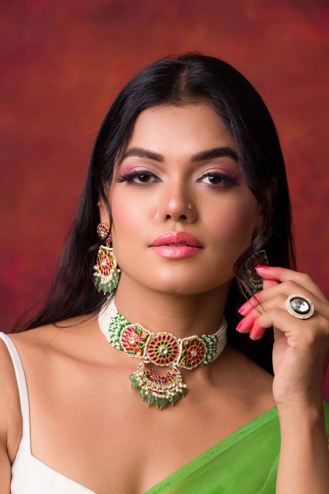 Beautiful Green and Pink Choker Set with High-Quality Pearl Work on Brass Metal