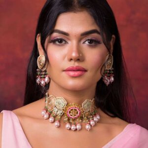 Beautiful Green and Pink Choker Set with High-Quality Pearl Work on Brass Metal