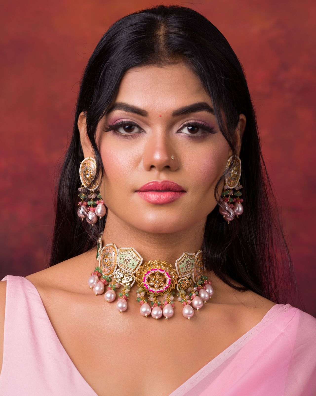 Beautiful Green and Pink Choker Set with High-Quality Pearl Work on Brass Metal