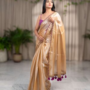 Golden Elegance: Plain Raga Tissue Saree